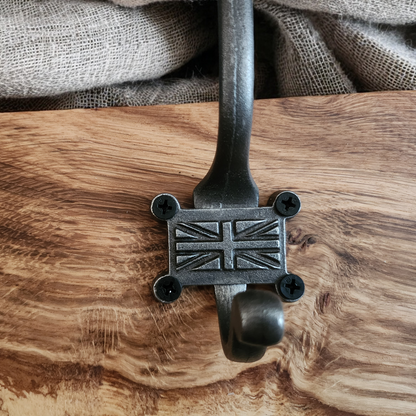 Live edge oak coat hook with Union Jack style hooks