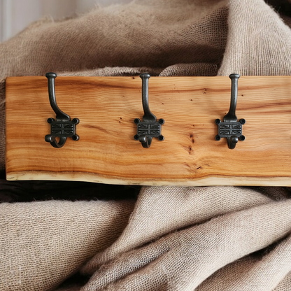 Live edge yew coat hook with Union Jack style hooks