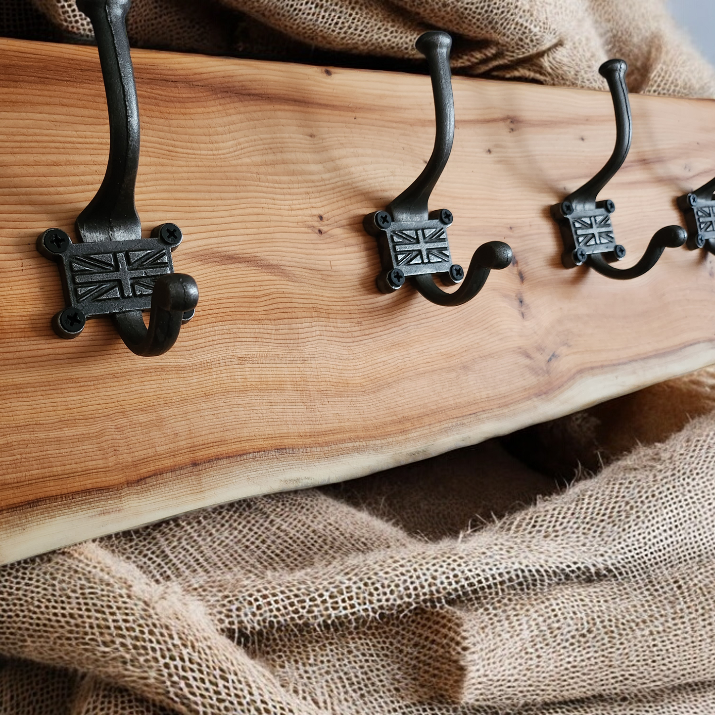 Live edge yew coat hook with Union Jack style hooks