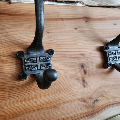 Live edge yew coat hook with Union Jack style hooks