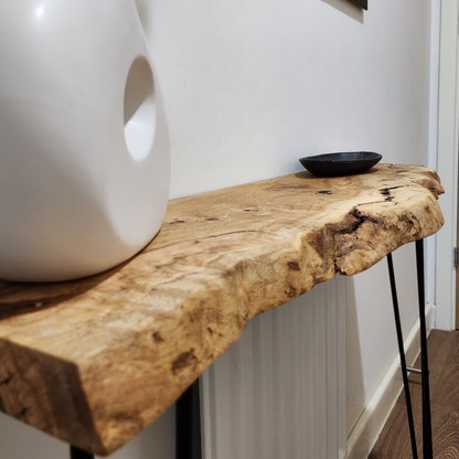 Live edge solid oak console/hallway table with black hairpin legs