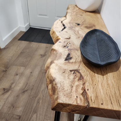 Live edge solid oak console/hallway table with black hairpin legs