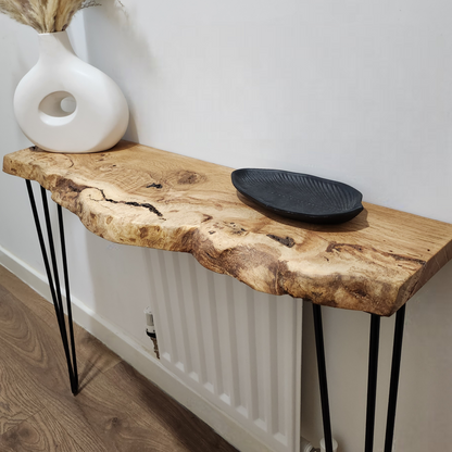 Live edge solid oak console/hallway table with black hairpin legs