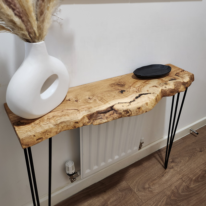 Live edge solid oak console/hallway table with black hairpin legs