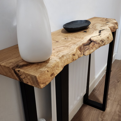 Live edge oak console/hallway table with black square legs