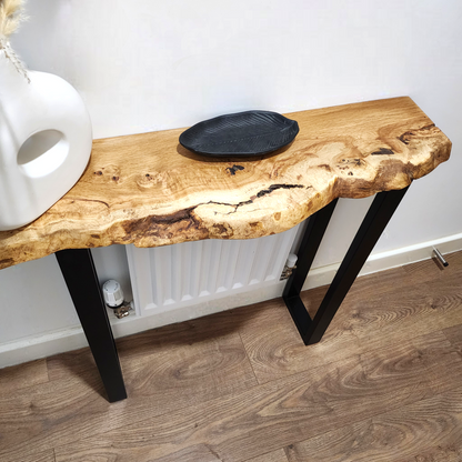 Live edge oak console/hallway table with black square legs