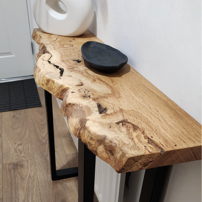 Live edge oak console/hallway table with black square legs