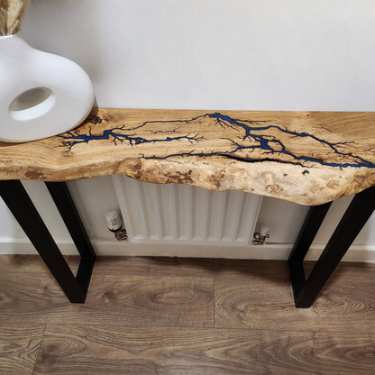 Live edge oak console/hallway table with electrocuted detail infilled with your choice of colour