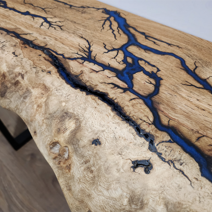 Live edge oak console/hallway table with electrocuted detail infilled with your choice of colour