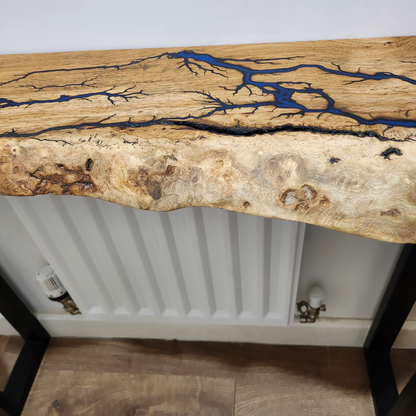 Live edge oak console/hallway table with electrocuted detail infilled with your choice of colour