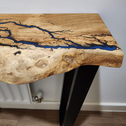 Live edge oak console/hallway table with electrocuted detail infilled with your choice of colour