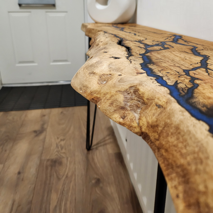 Live edge oak console/hallway table with electrocuted detail infilled with your choice of colour