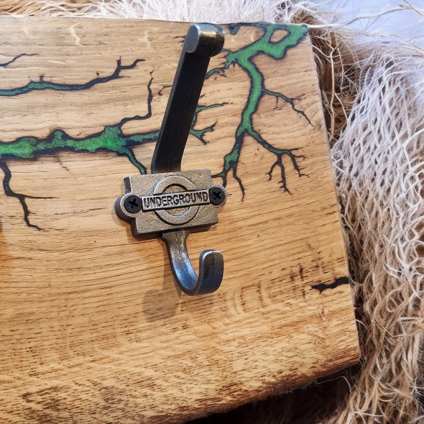 Live edge oak cook hook with electrocuted detail infilled with your choice of colour