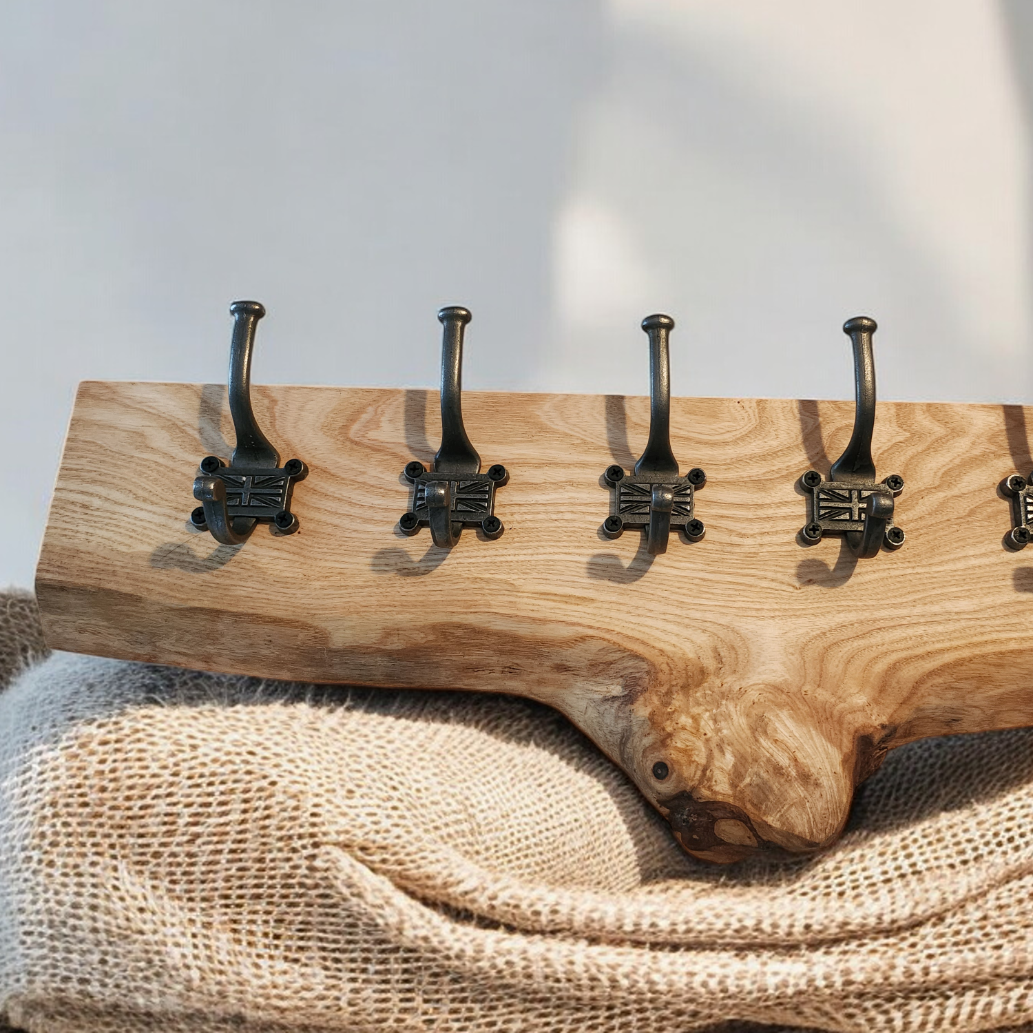 Live edge oak coat hook with Union Jack style hooks