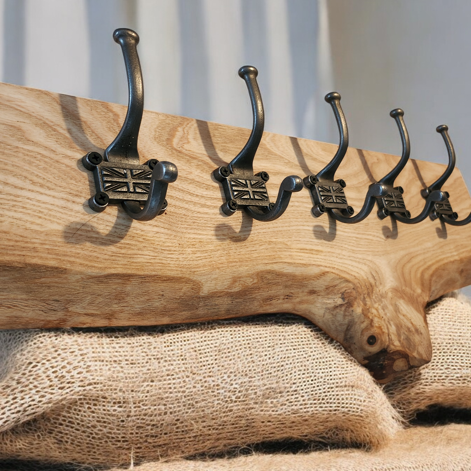 Live edge oak coat hook with Union Jack style hooks