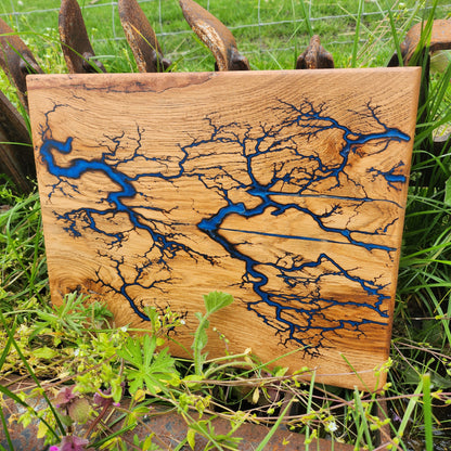 Solid oak chef board with electrocuted detail infilled in resin in a choice of colours