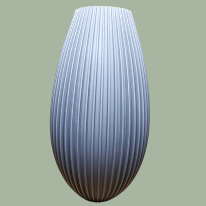 3D printed teardrop style vase with ribbed detail in a grey concrete colour