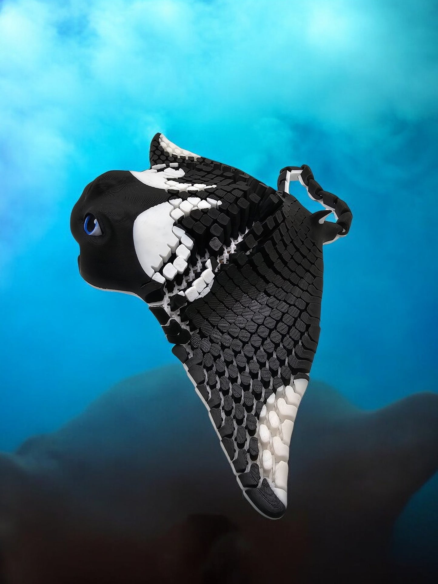 3D printed manta ray with mesh articulated body in white and black