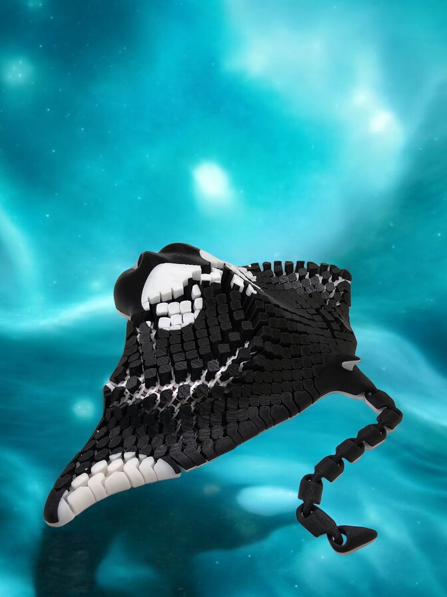 3D printed manta ray with mesh articulated body in white and black