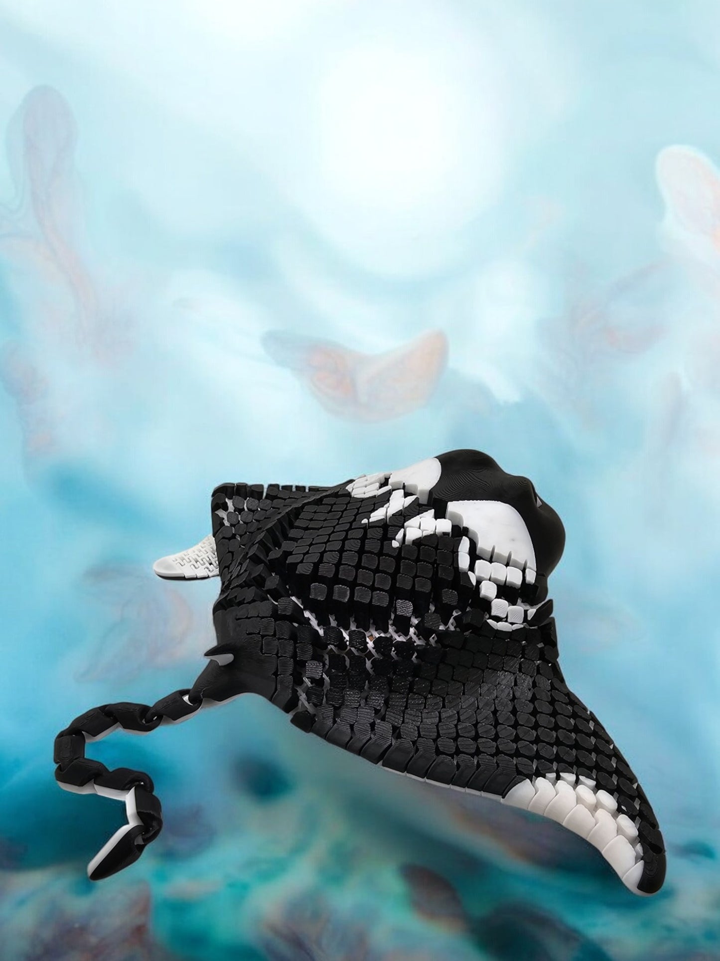 3D printed manta ray with mesh articulated body in white and black