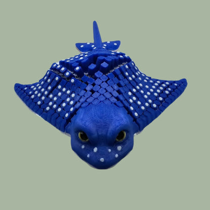 3D printed stingray with mesh articulated body, blue with white spots