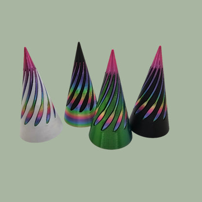 vibrant 3D-printed Infinity Cones V2, each featuring a sleek spiral cut design. The cones are in a random colour, including white, green, black, and rainbow gradients. Designed for smooth sliding and fidgeting, these eye-catching desk toys are handmade in the UK