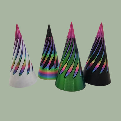 vibrant 3D-printed Infinity Cones V2, each featuring a sleek spiral cut design. The cones are in a random colour, including white, green, black, and rainbow gradients. Designed for smooth sliding and fidgeting, these eye-catching desk toys are handmade in the UK