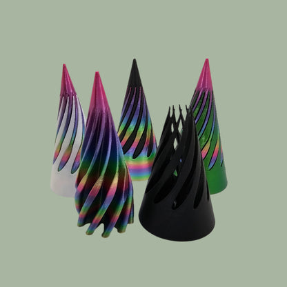 vibrant 3D-printed Infinity Cones V2, each featuring a sleek spiral cut design. The cones are in a random colour, including white, green, black, and rainbow gradients. Designed for smooth sliding and fidgeting, these eye-catching desk toys are handmade in the UK