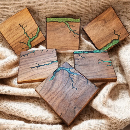 Solid wood coasters with electrocuted detail infilled in resin in a choice of colours