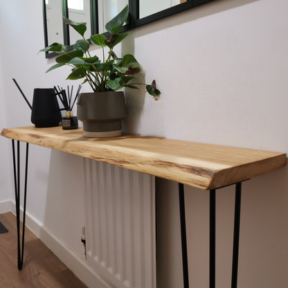 Live edge solid oak console/hallway table with black hairpin legs