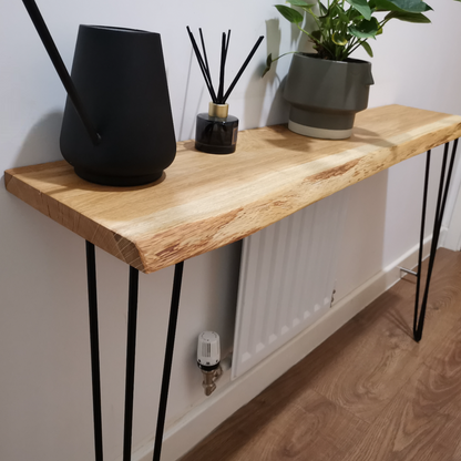 Live edge solid oak console/hallway table with black hairpin legs