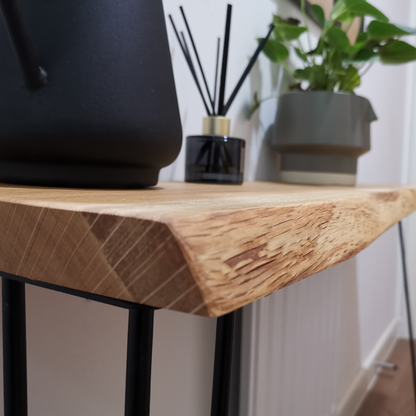 Live edge solid oak console/hallway table with black hairpin legs