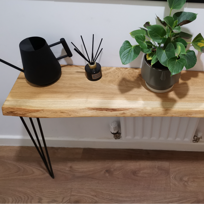 Live edge solid oak console/hallway table with black hairpin legs