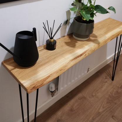 Live edge solid oak console/hallway table with black hairpin legs