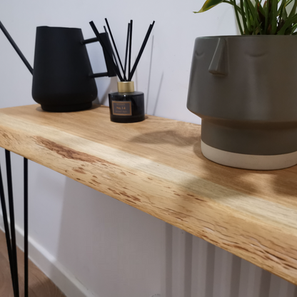 Live edge solid oak console/hallway table with black hairpin legs