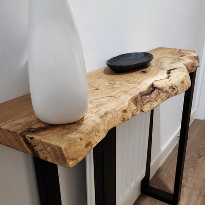 Live edge oak console/hallway table with black square legs