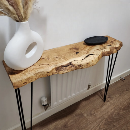 Live edge solid oak console/hallway table with black hairpin legs