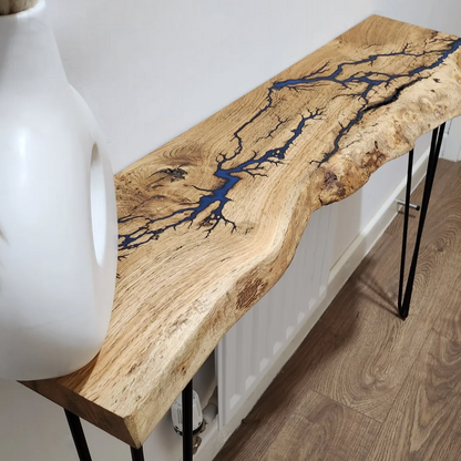 Live edge oak console/hallway table with electrocuted detail infilled with your choice of colour