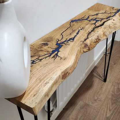 Live edge oak console/hallway table with electrocuted detail infilled with your choice of colour