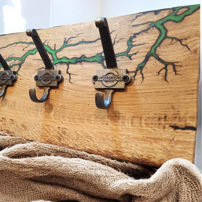 Live edge oak cook hook with electrocuted detail infilled with your choice of colour