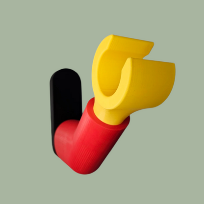 3D printed block style arm in various colours, with black base for wall or freestanding mounting, with chunky yellow hand to hold headphones or coats