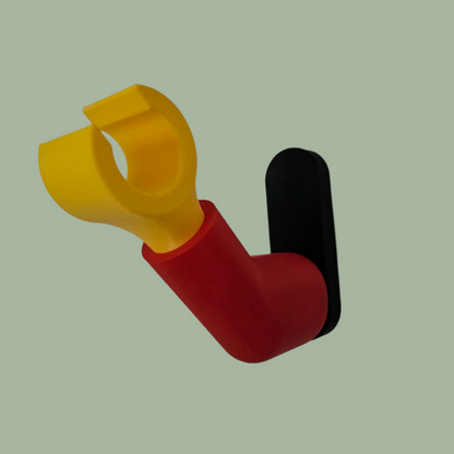 3D printed block style arm in various colours, with black base for wall or freestanding mounting, with chunky yellow hand to hold headphones or coats