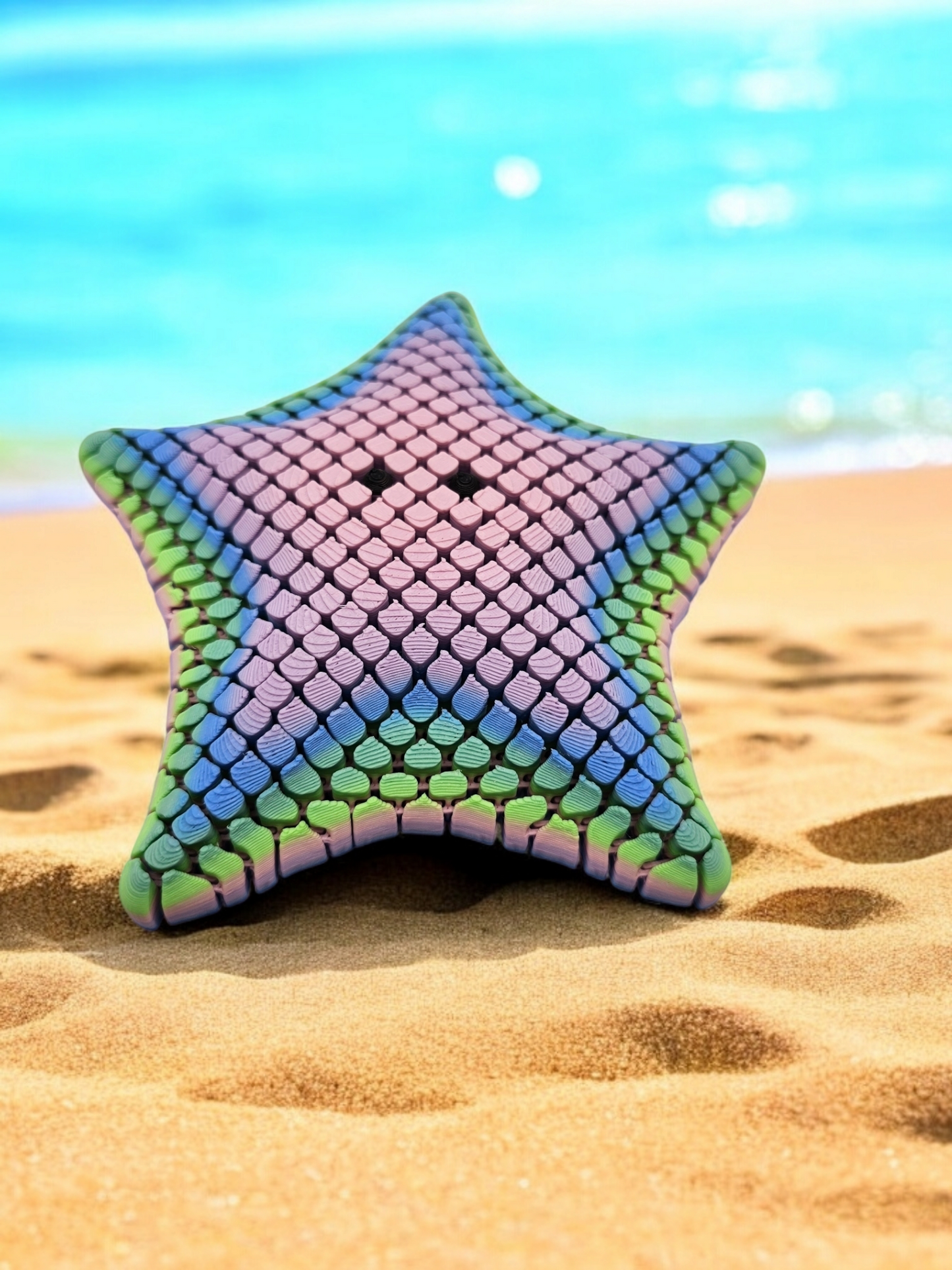 3D printed mesh articulated starfish with black eyes in a pastel rainbow colour