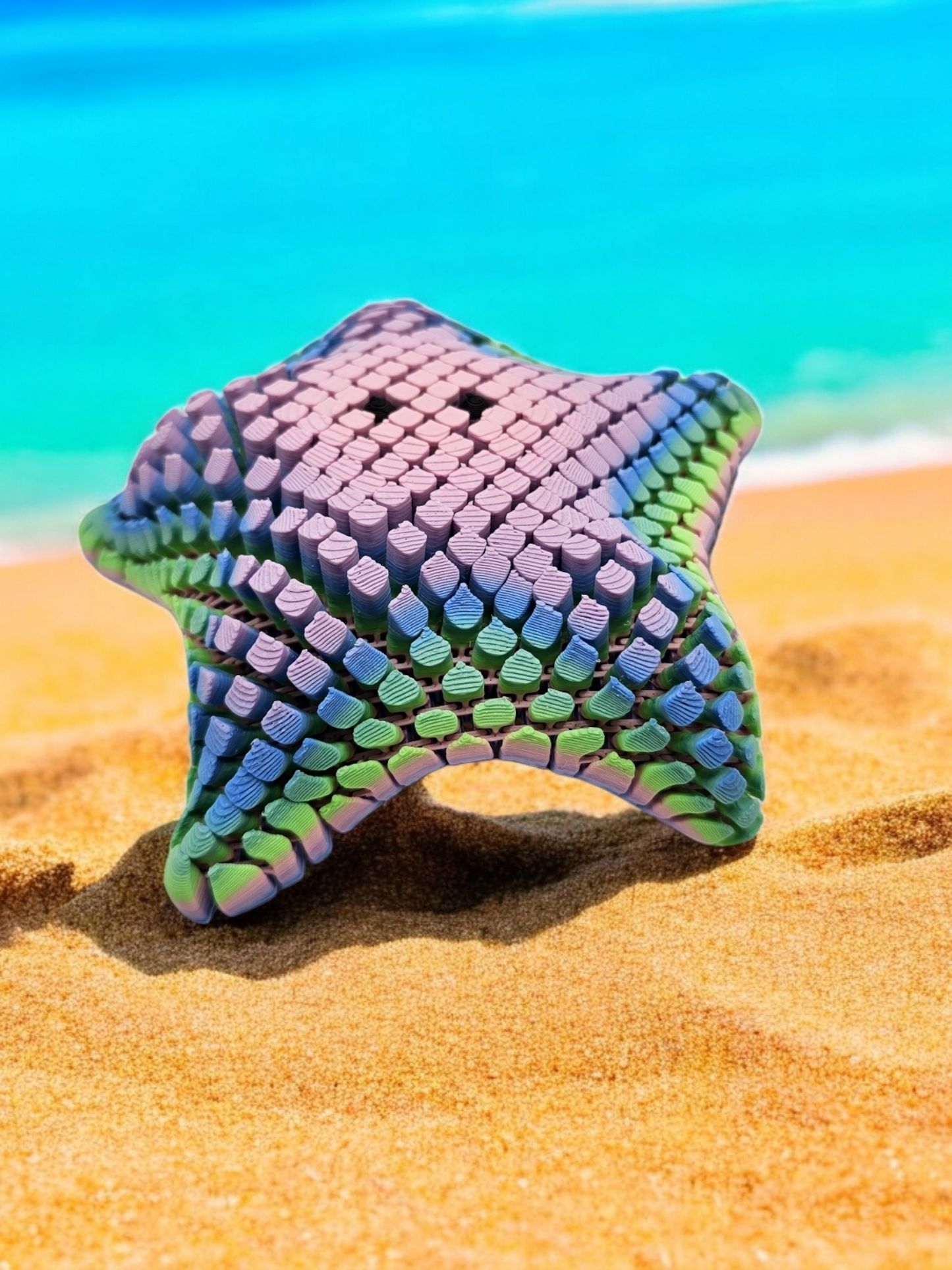 3D printed mesh articulated starfish with black eyes in a pastel rainbow colour