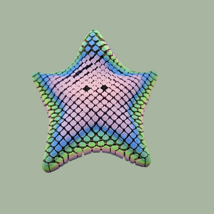 3D printed mesh articulated starfish with black eyes in a pastel rainbow colour