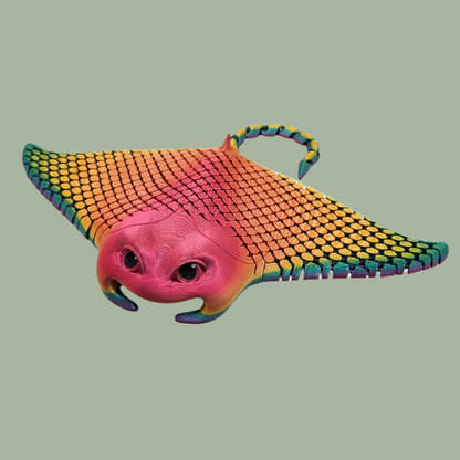 3D printed manta ray with mesh articulated body in a candy rainbow colour