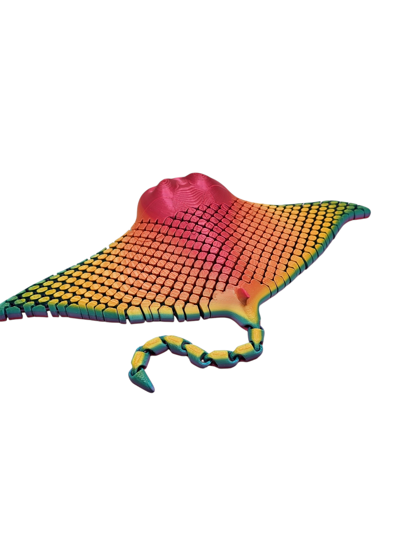 3D printed manta ray with mesh articulated body in a candy rainbow colour