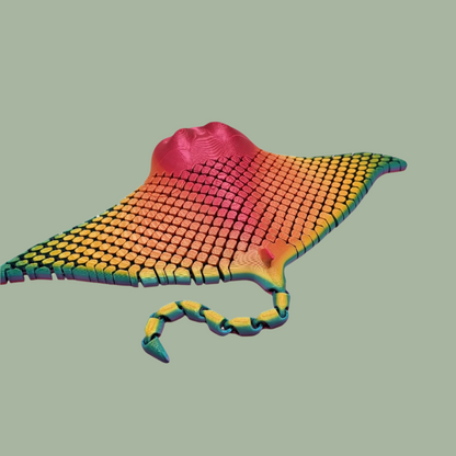 3D printed manta ray with mesh articulated body in a candy rainbow colour