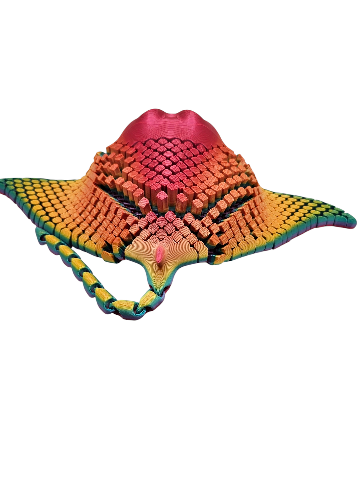 3D printed manta ray with mesh articulated body in a candy rainbow colour