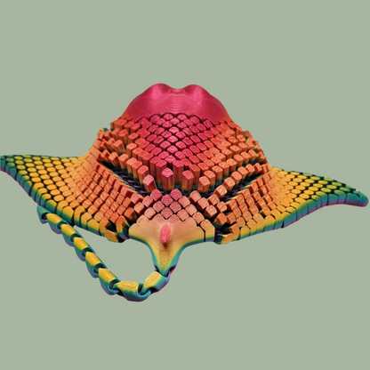 3D printed manta ray with mesh articulated body in a candy rainbow colour